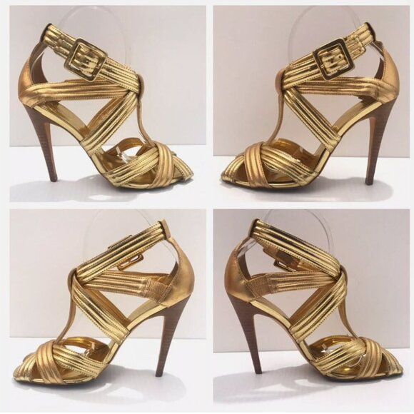 Tory Burch Gold Strappy Heels Sander Sandals Size 6.5 - Picture 2 of 14